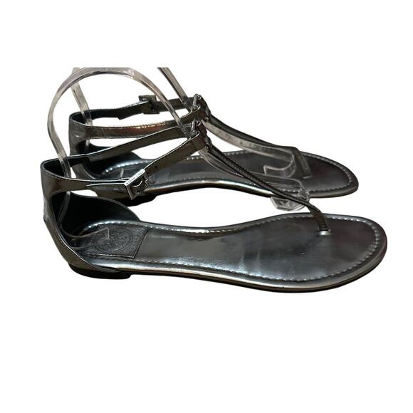 Tory Burch T Strap Sandals Silver Size 8.5 Heel Logo - Picture 3 of 7